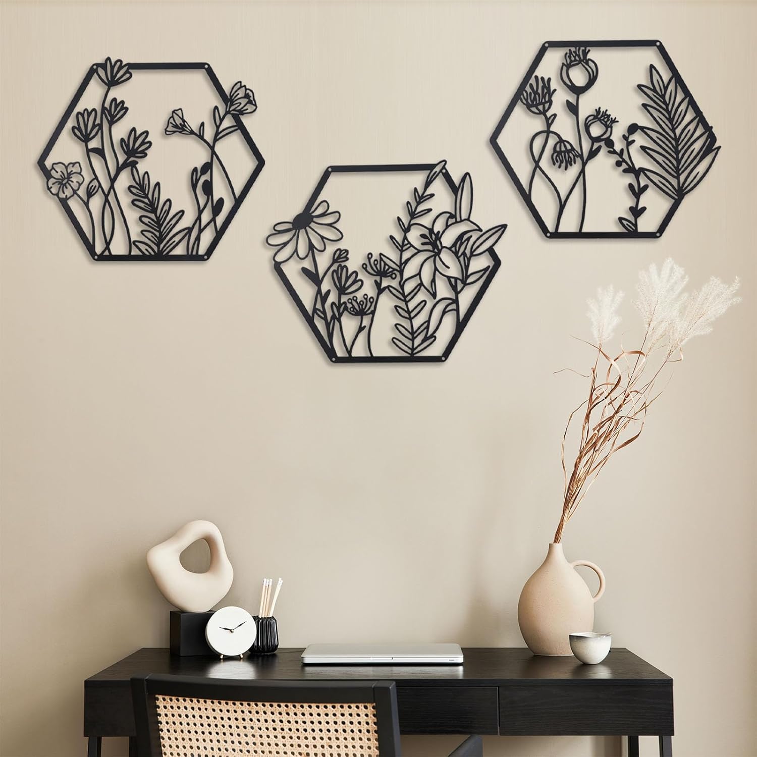 3 Pcs Metal Flower Wall Decor,Farmhouse Flower Art (Black)