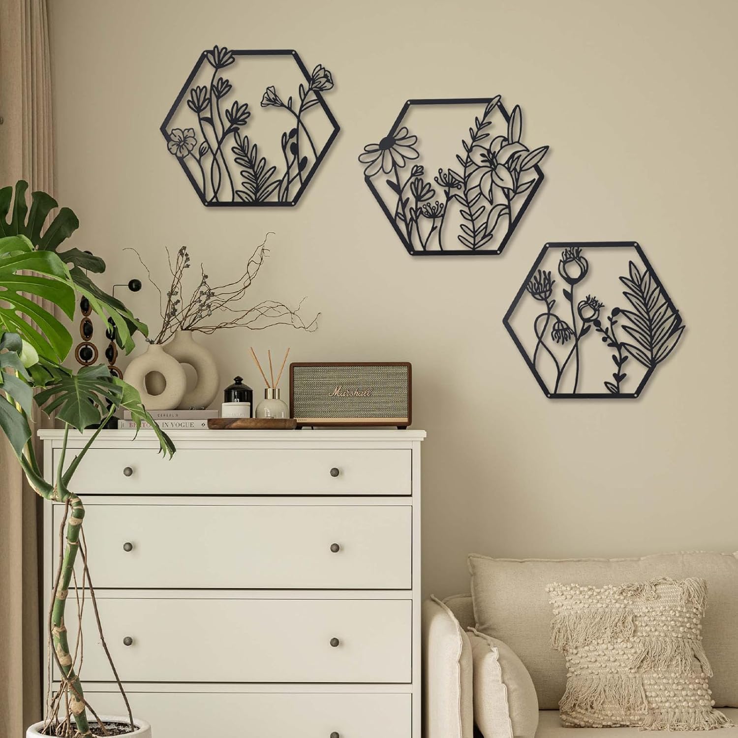 3 Pcs Metal Flower Wall Decor,Farmhouse Flower Art (Black)